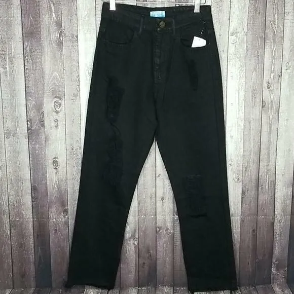 Show Me Your Mumu Black Brooklyn Distressed High Waist Cropped Jeans NEW