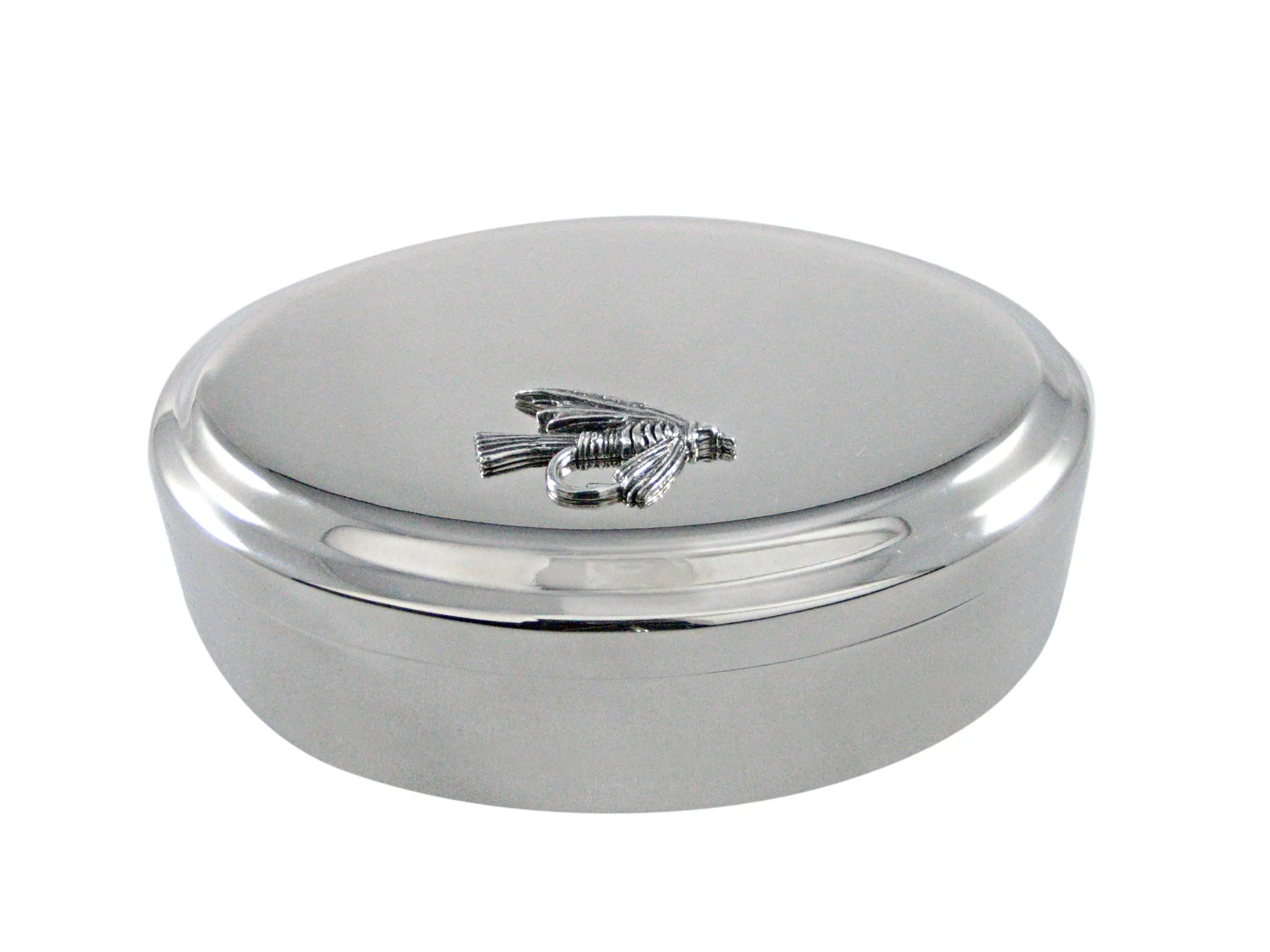 Silver Toned Textured Fishing Fly Pendant Oval Trinket Jewelry Box