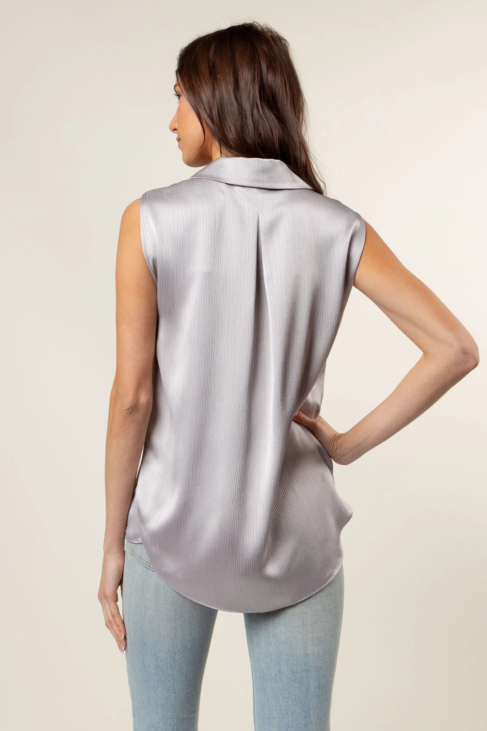 Sleeveless Button Down Shirt In Crinkle Satin
