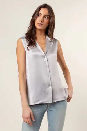 Sleeveless Button Down Shirt In Crinkle Satin