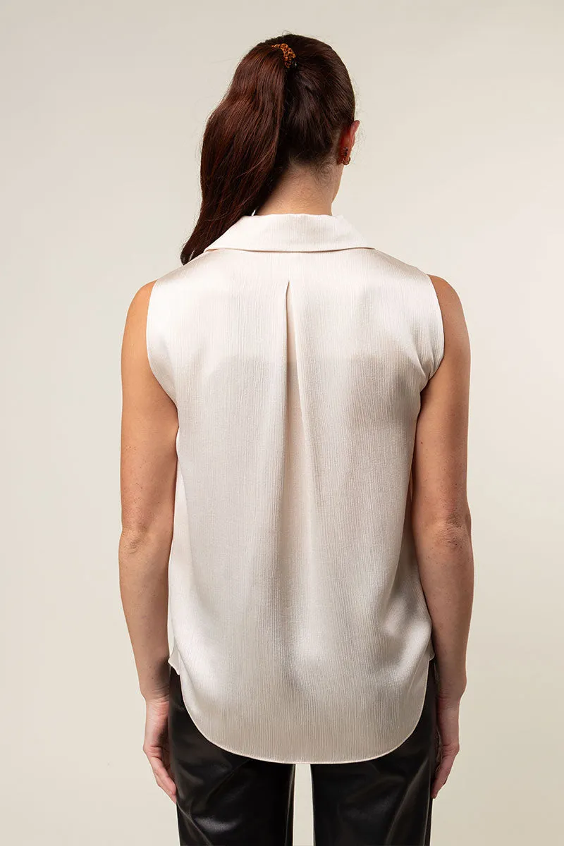 Sleeveless Button Down Shirt In Crinkle Satin