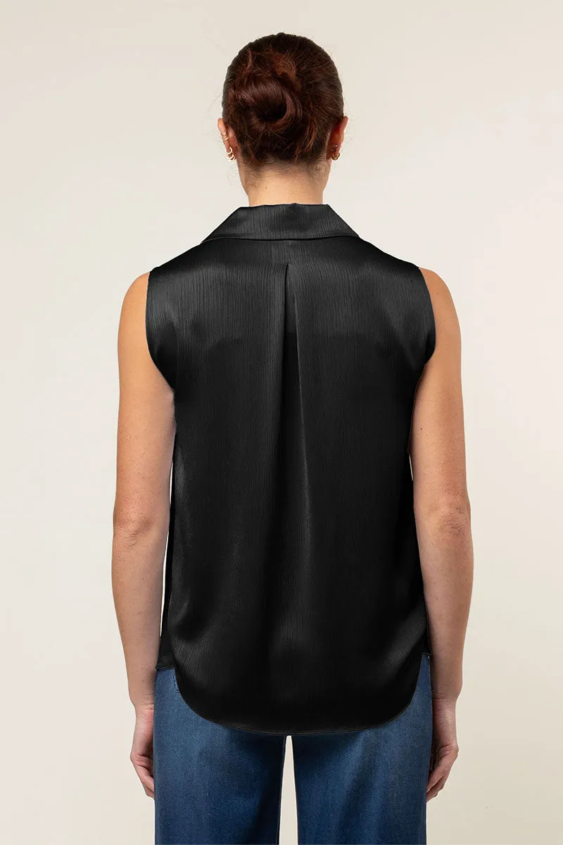 Sleeveless Button Down Shirt In Crinkle Satin