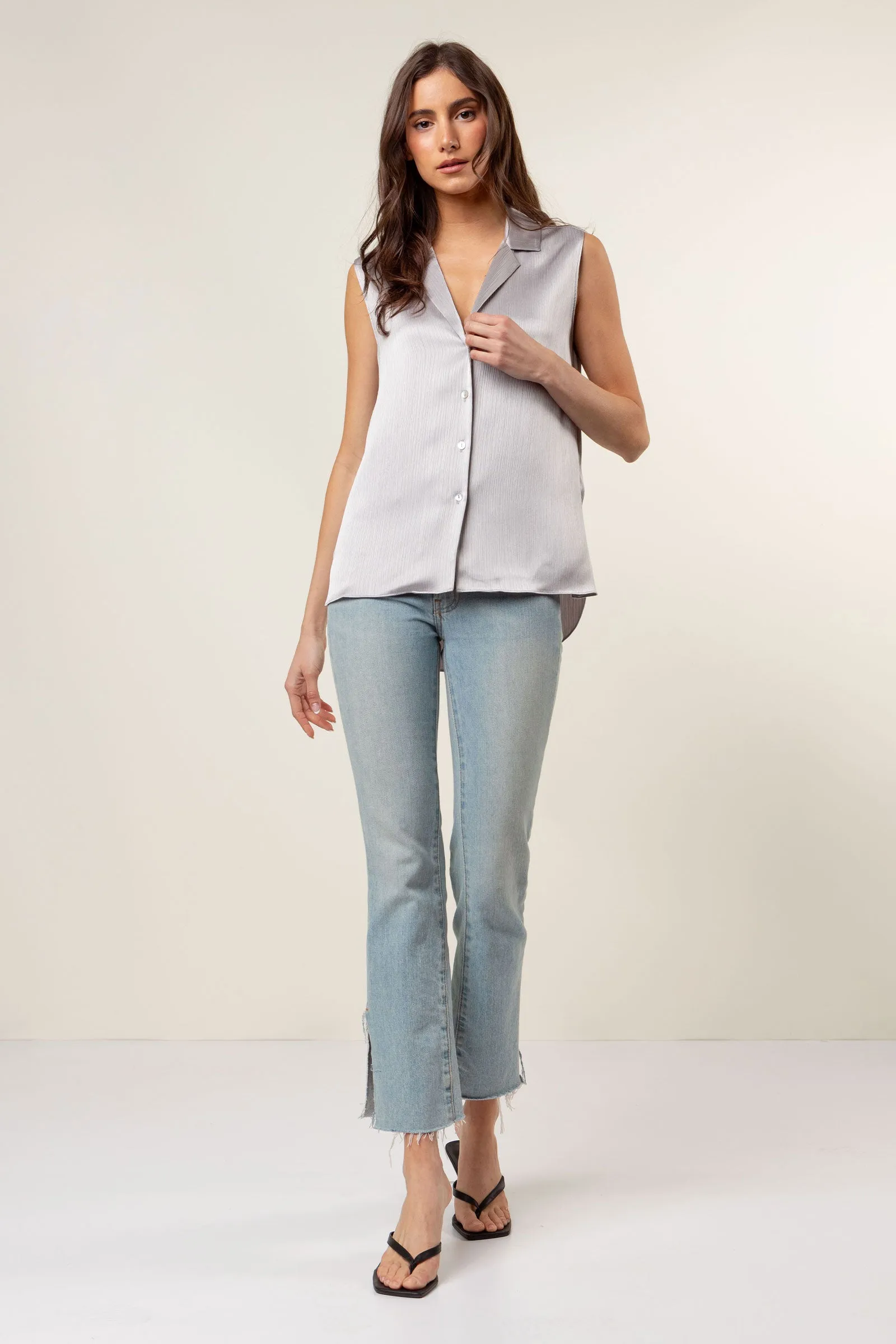 Sleeveless Button Down Shirt In Crinkle Satin