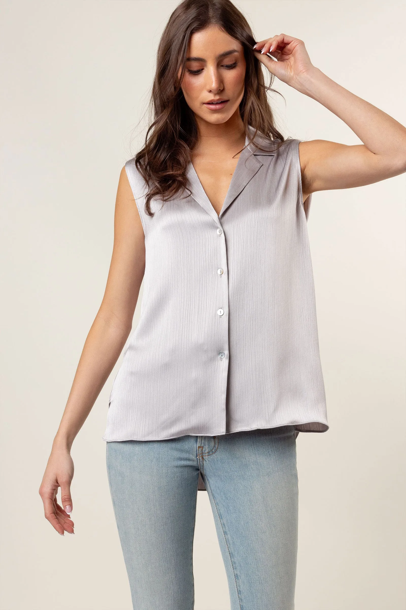 Sleeveless Button Down Shirt In Crinkle Satin