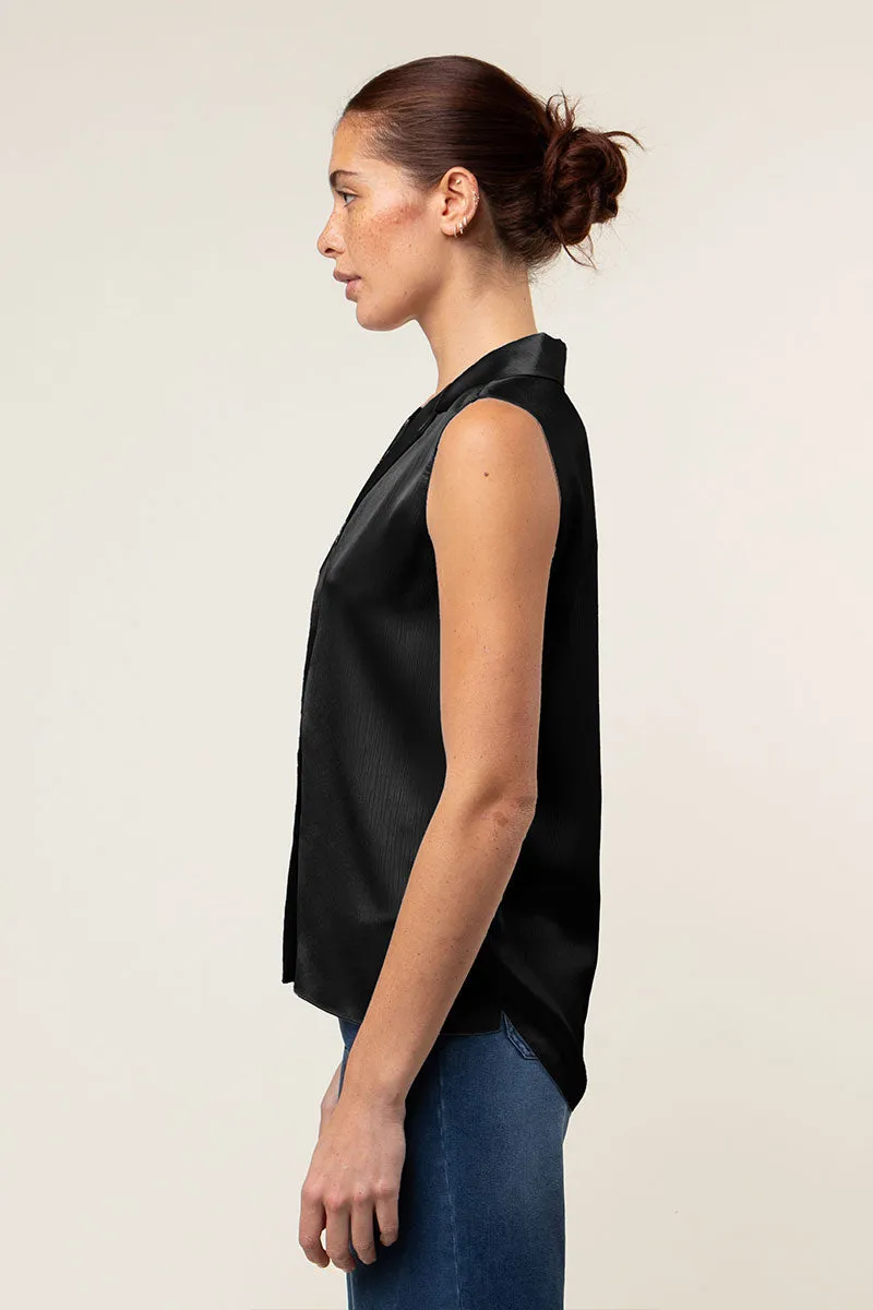 Sleeveless Button Down Shirt In Crinkle Satin