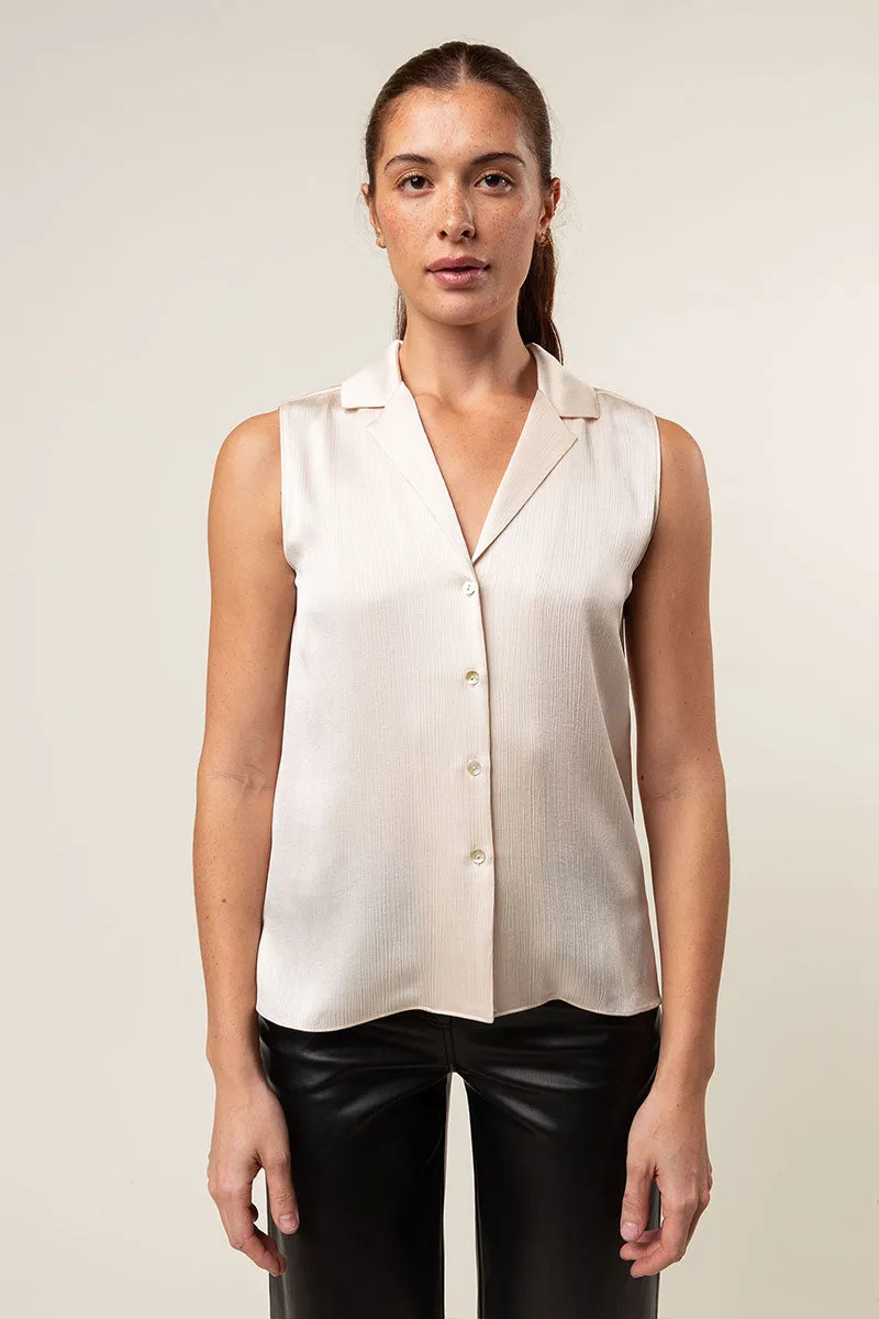 Sleeveless Button Down Shirt In Crinkle Satin
