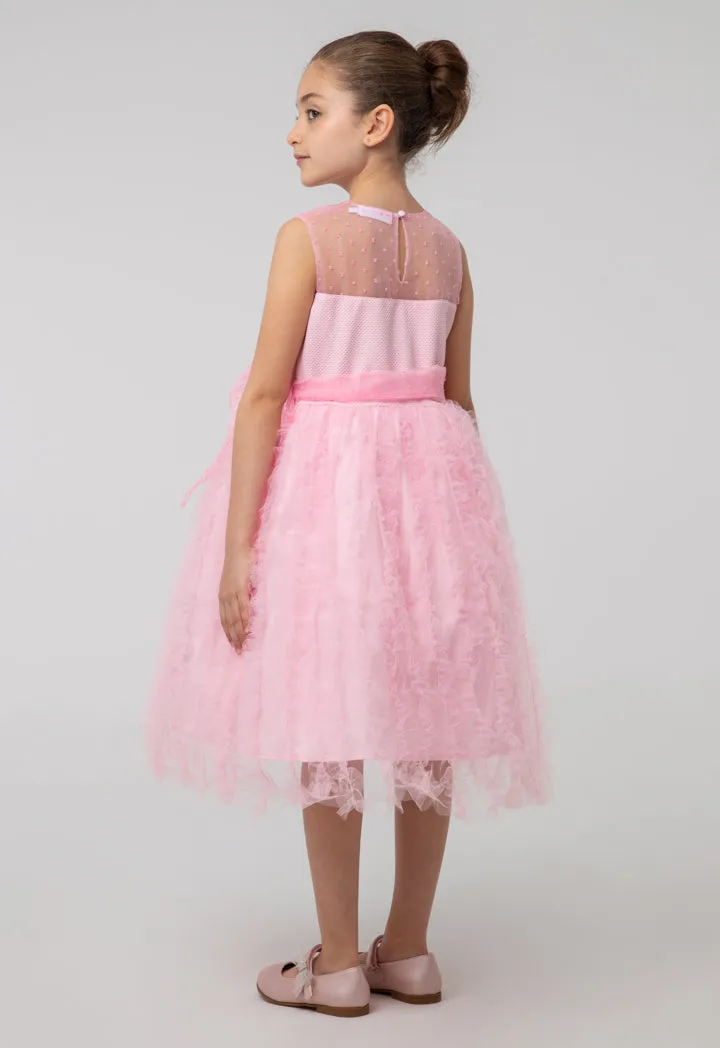 Solid Tulle Mesh Ruffle Flare Sleeveless Dress