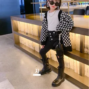 Spring and Autumn Children's Wear Long Sleeve Knit Cardigan Fashion Check Loose Sweater Jacket