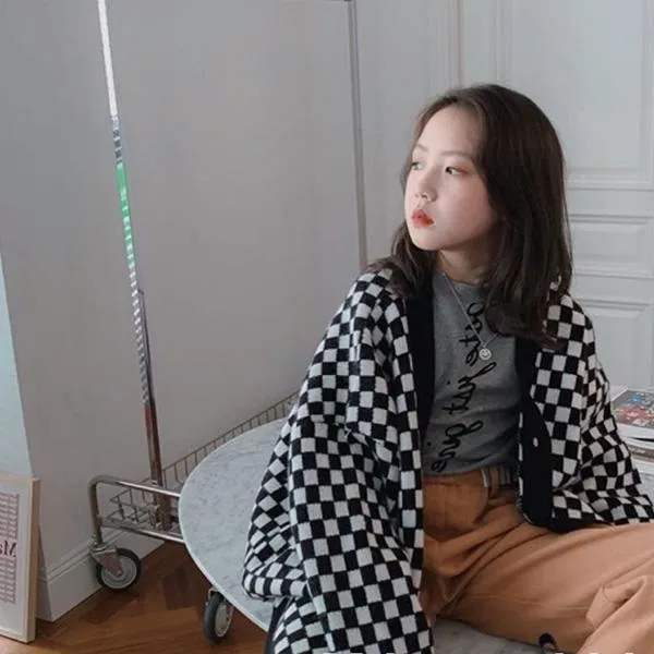 Spring and Autumn Children's Wear Long Sleeve Knit Cardigan Fashion Check Loose Sweater Jacket