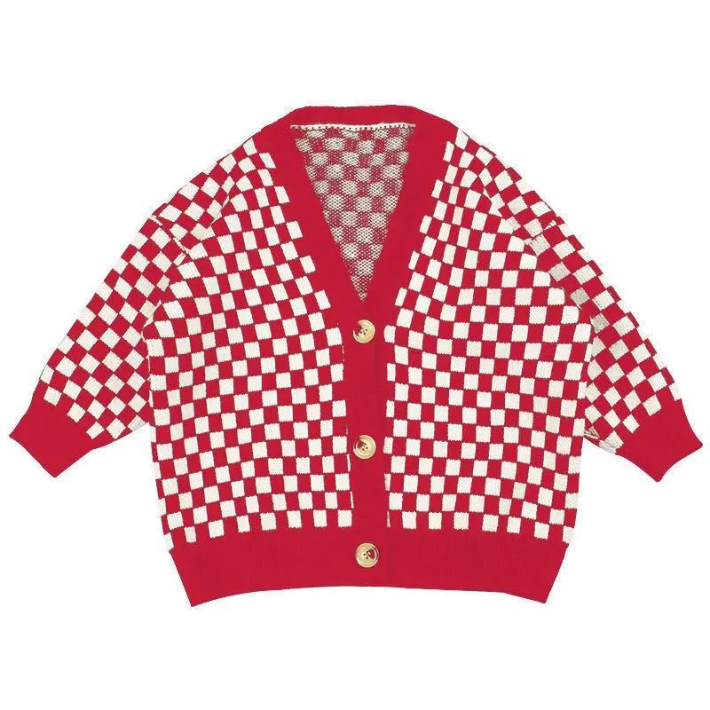 Spring and Autumn Children's Wear Long Sleeve Knit Cardigan Fashion Check Loose Sweater Jacket