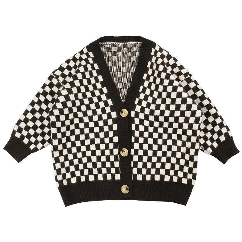 Spring and Autumn Children's Wear Long Sleeve Knit Cardigan Fashion Check Loose Sweater Jacket
