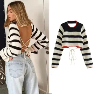 Striped Cropped Backless Sweaters