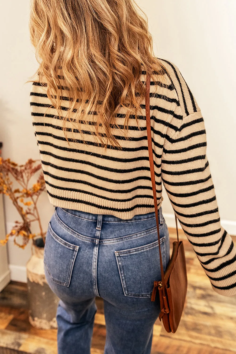 Striped Knit Crewneck Cropped Sweater
