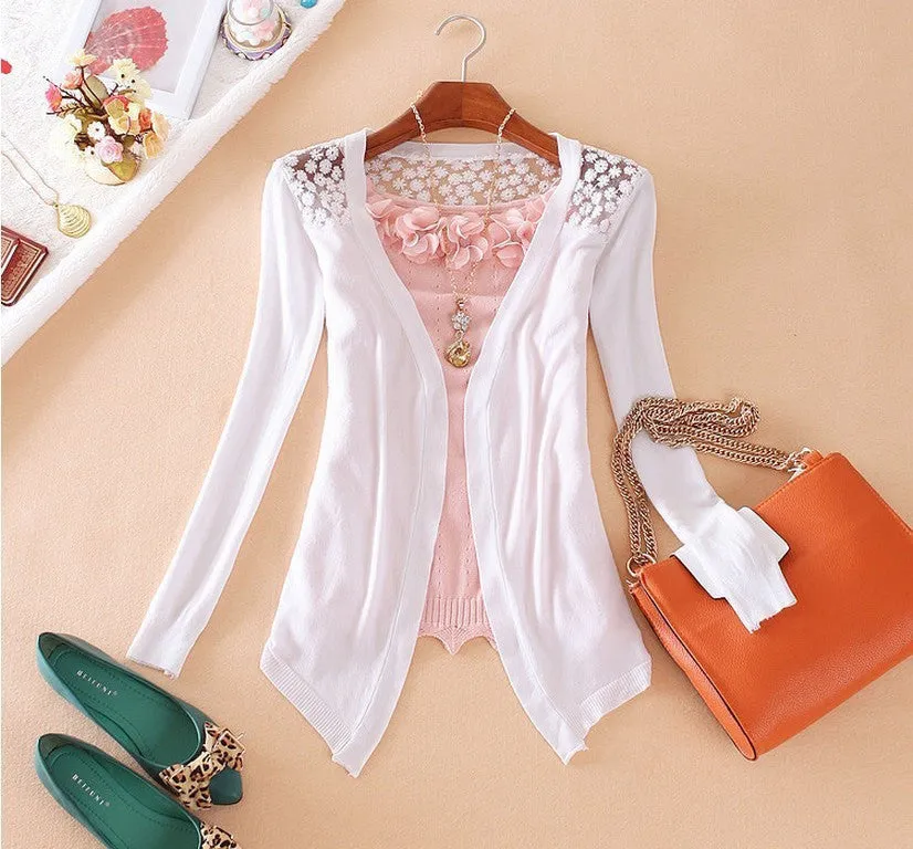 Style Jackets Girl Women's Outerwear Lace Candy Color Crochet Knit Blouse SweaterCoat