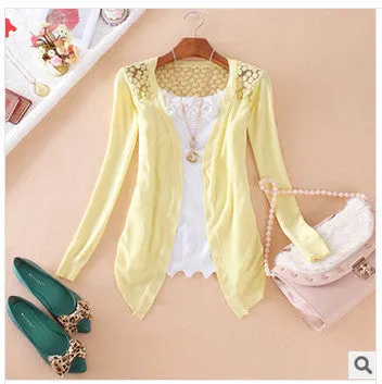 Style Jackets Girl Women's Outerwear Lace Candy Color Crochet Knit Blouse SweaterCoat