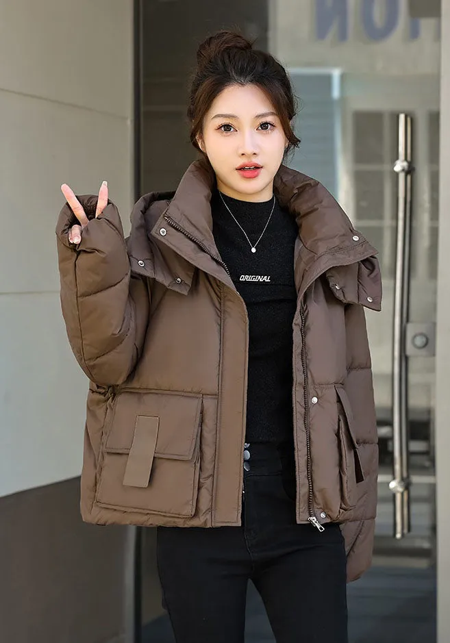 Stylish Solid Hooded Puffer Jacket for Women with Elastic Band Cuff