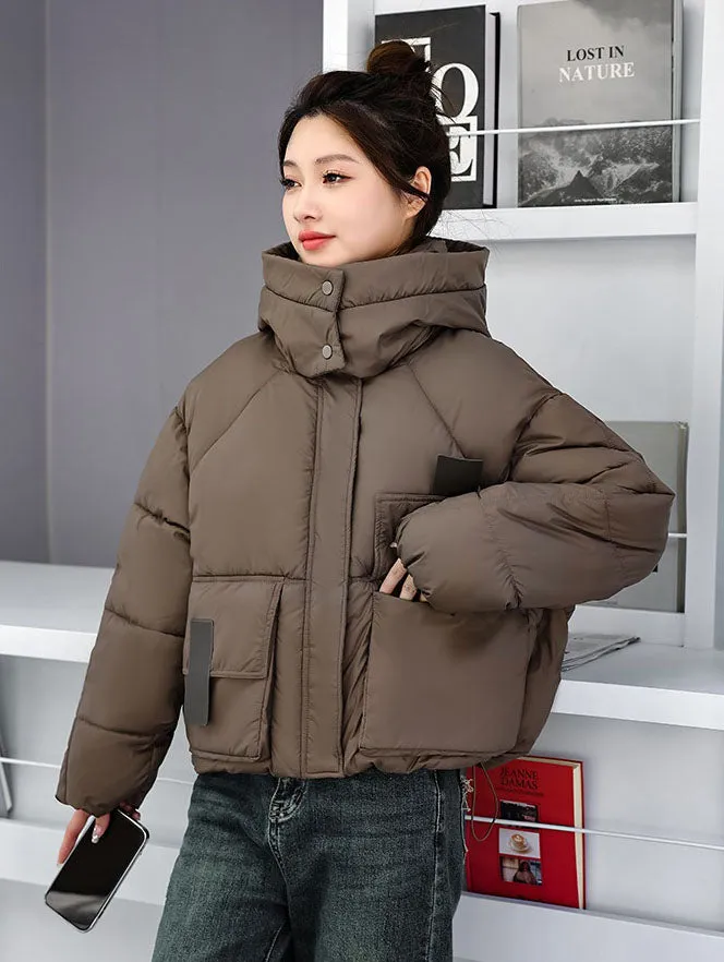 Stylish Solid Hooded Puffer Jacket for Women with Elastic Band Cuff