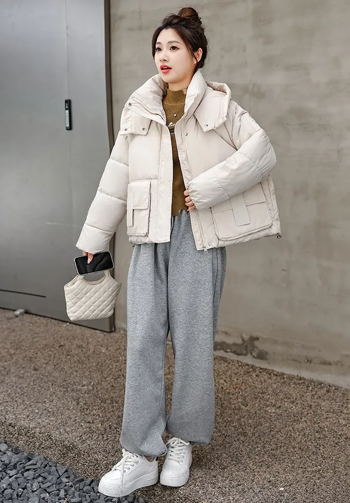 Stylish Solid Hooded Puffer Jacket for Women with Elastic Band Cuff