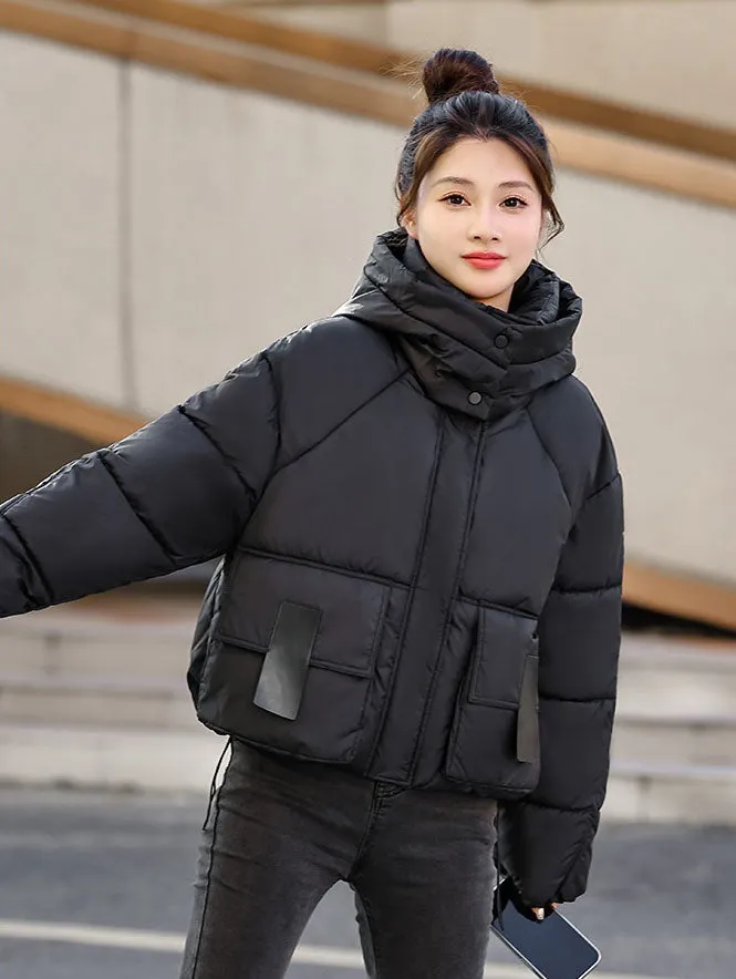 Stylish Solid Hooded Puffer Jacket for Women with Elastic Band Cuff