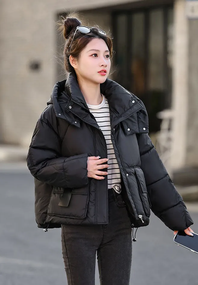 Stylish Solid Hooded Puffer Jacket for Women with Elastic Band Cuff
