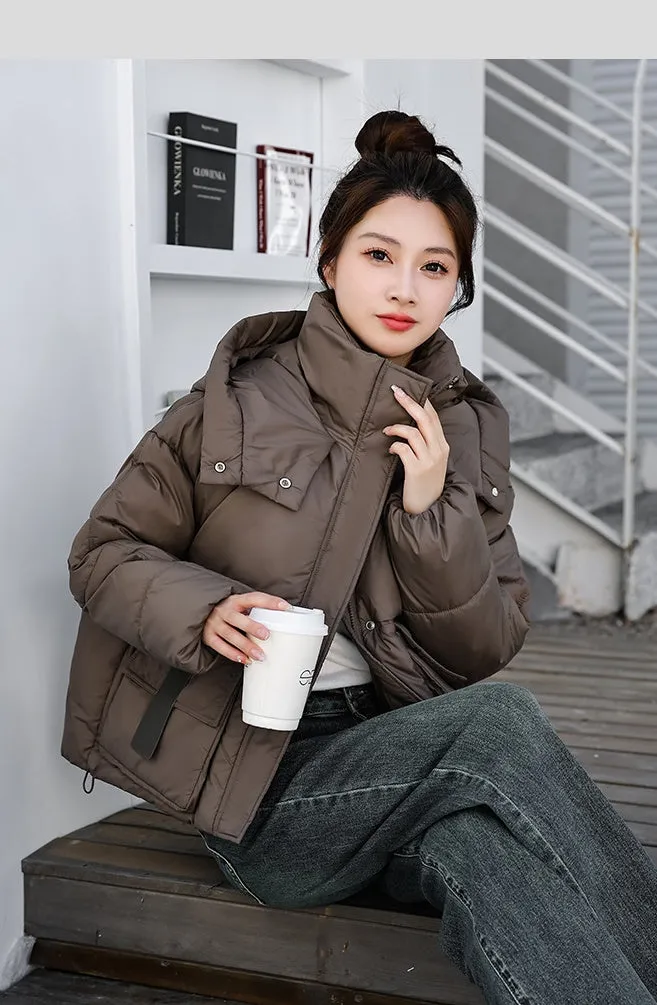 Stylish Solid Hooded Puffer Jacket for Women with Elastic Band Cuff
