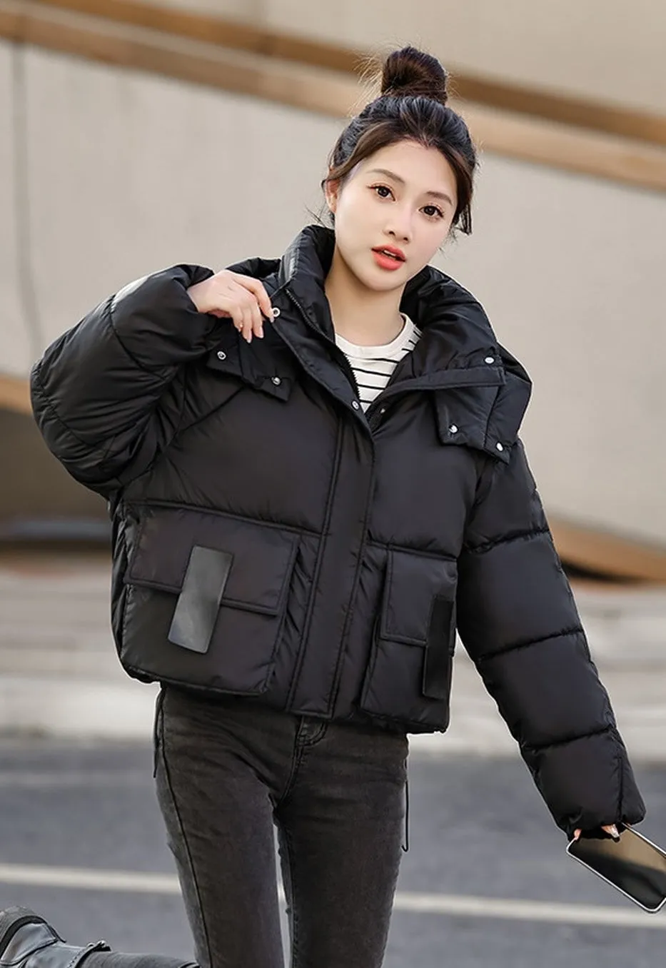 Stylish Solid Hooded Puffer Jacket for Women with Elastic Band Cuff
