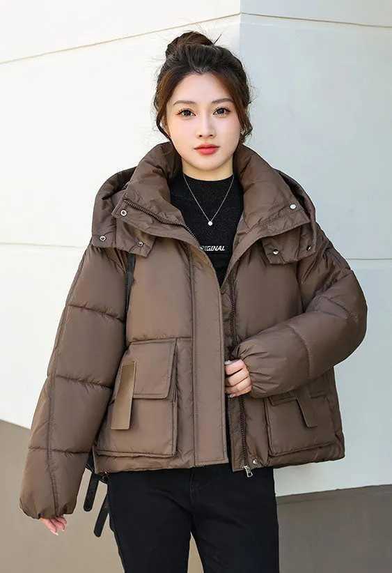 Stylish Solid Hooded Puffer Jacket for Women with Elastic Band Cuff