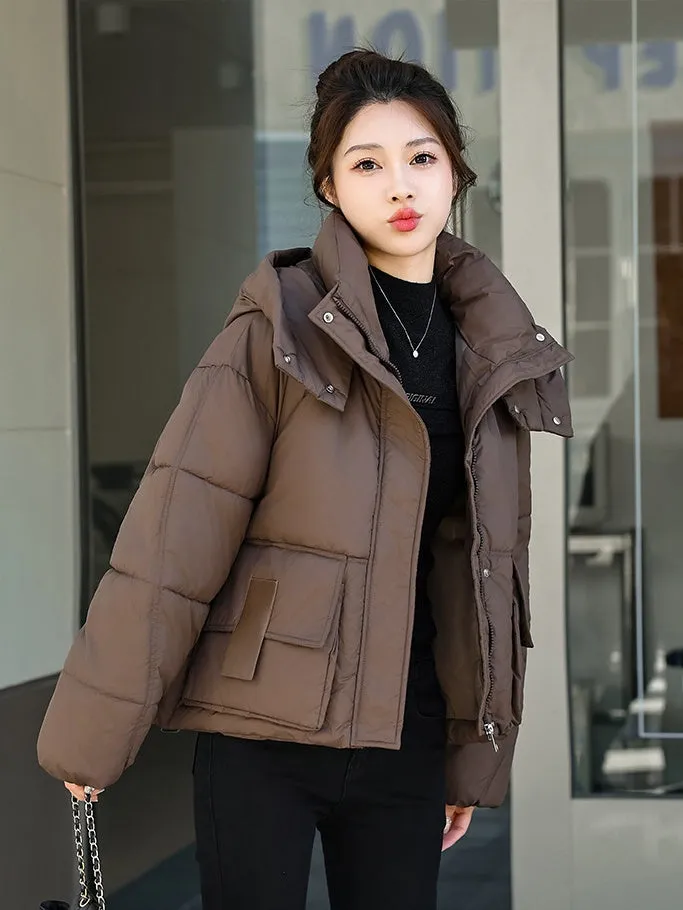 Stylish Solid Hooded Puffer Jacket for Women with Elastic Band Cuff