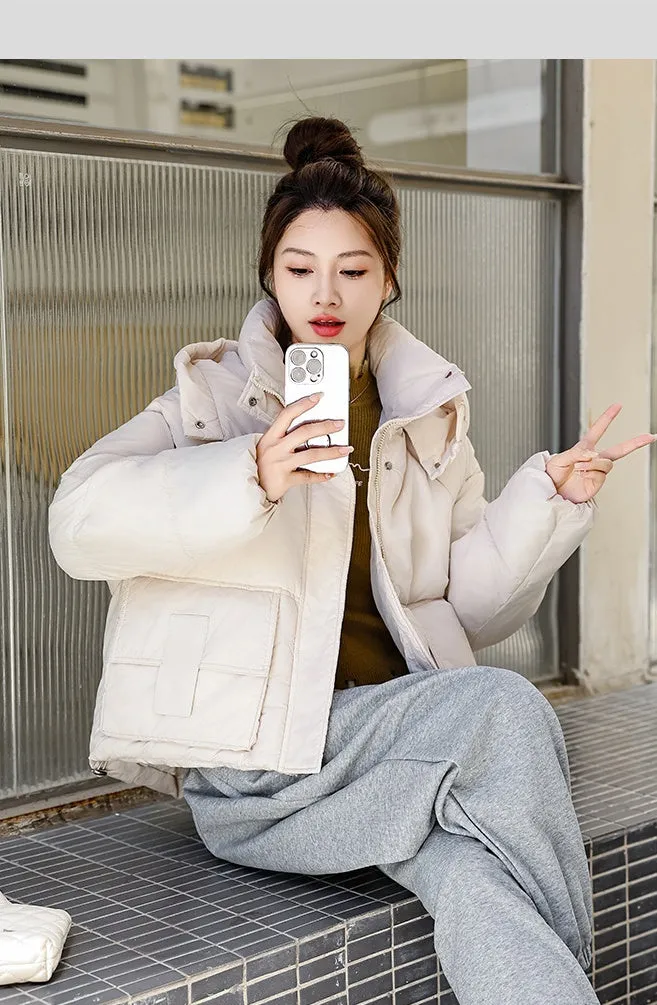 Stylish Solid Hooded Puffer Jacket for Women with Elastic Band Cuff