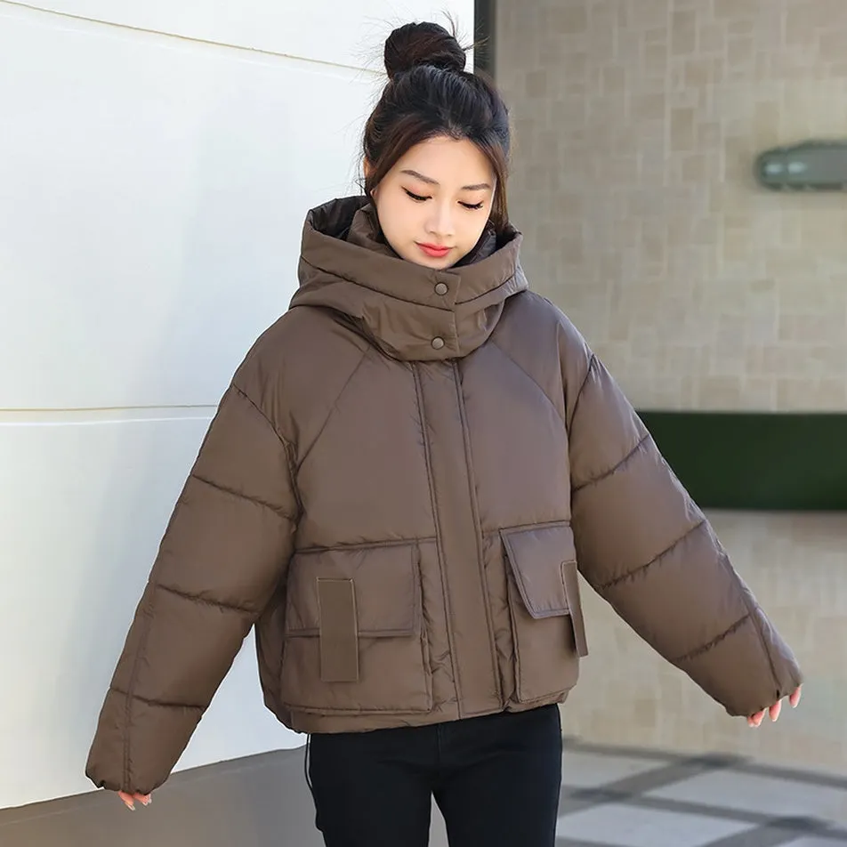 Stylish Solid Hooded Puffer Jacket for Women with Elastic Band Cuff