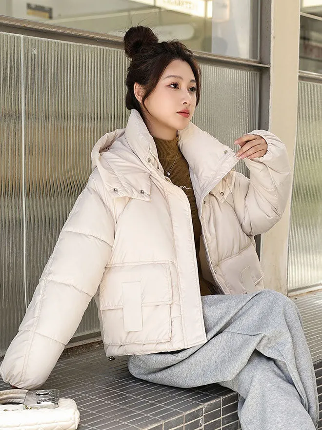 Stylish Solid Hooded Puffer Jacket for Women with Elastic Band Cuff