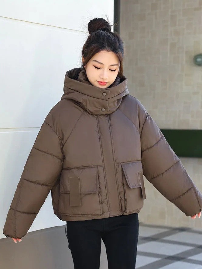 Stylish Solid Hooded Puffer Jacket for Women with Elastic Band Cuff