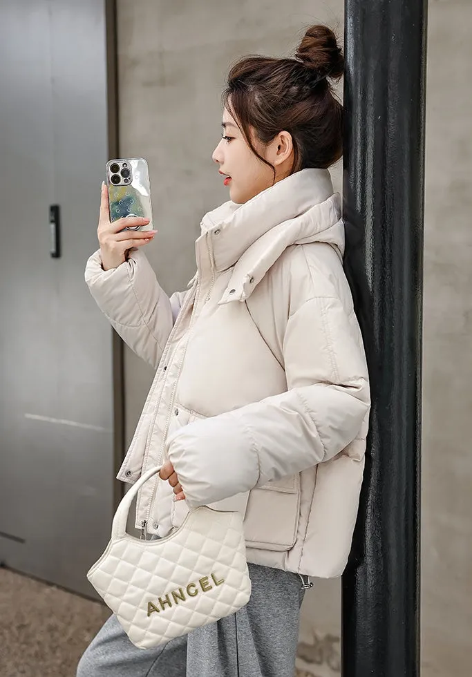 Stylish Solid Hooded Puffer Jacket for Women with Elastic Band Cuff