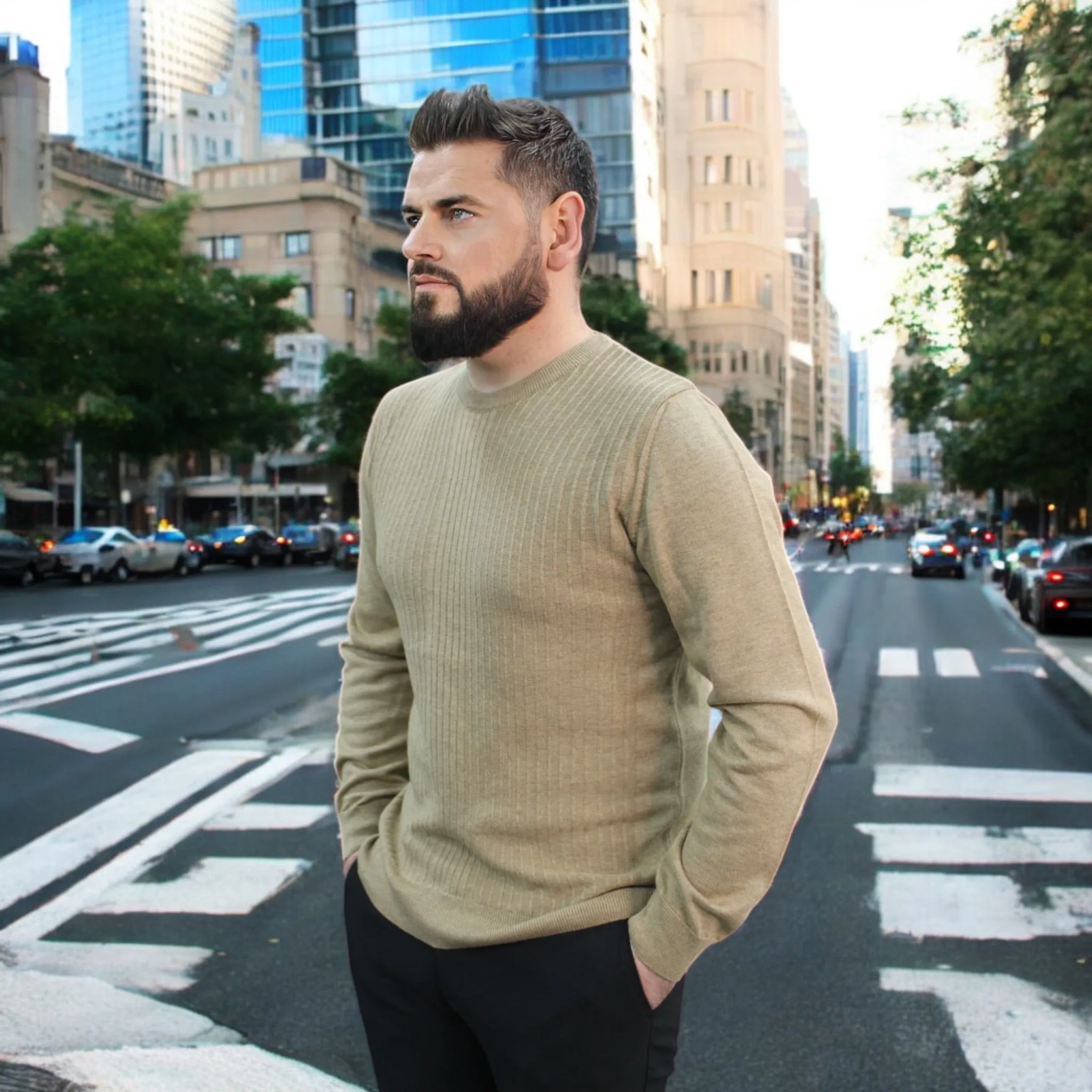 Tan - Crew Neck - Wool-   Essential  Sweater