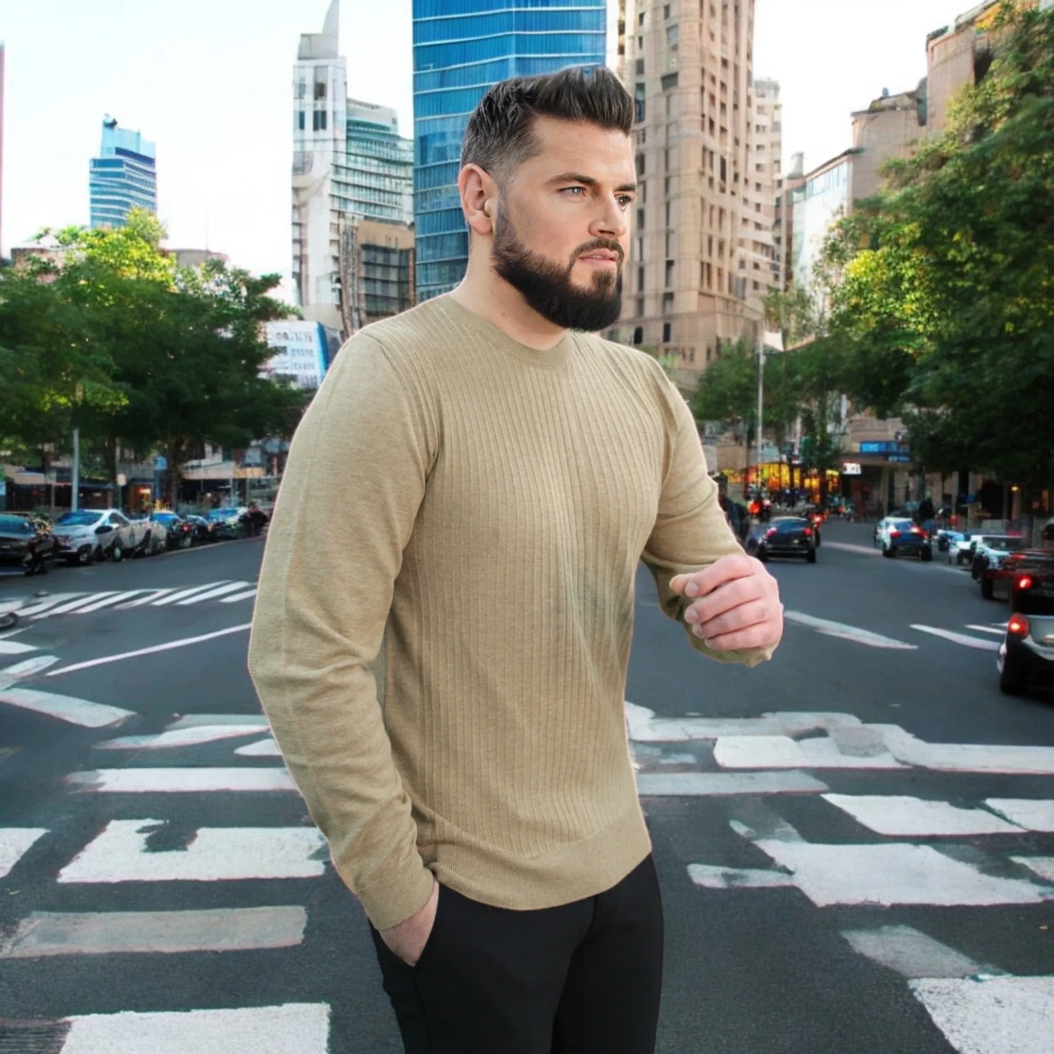 Tan - Crew Neck - Wool-   Essential  Sweater
