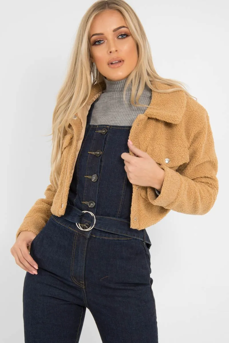 Tan Cropped Borg Trucker Jacket - Aarohi