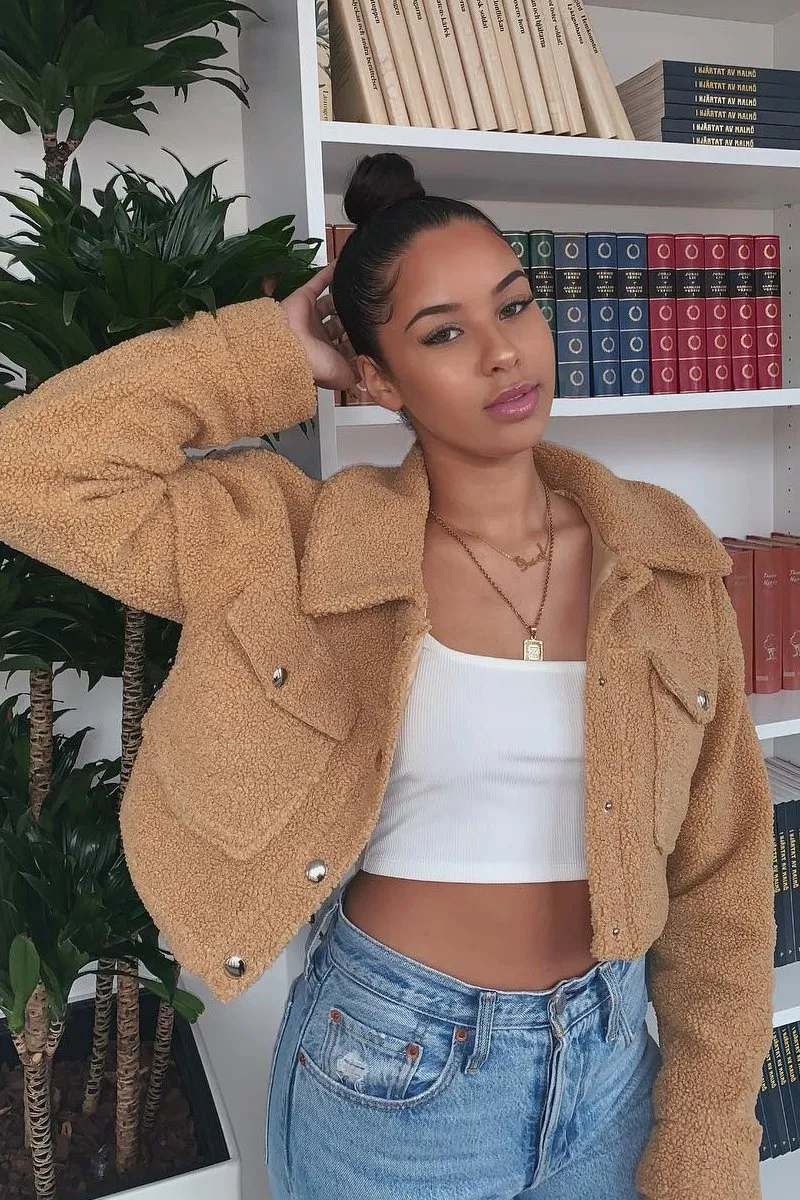 Tan Cropped Borg Trucker Jacket - Aarohi
