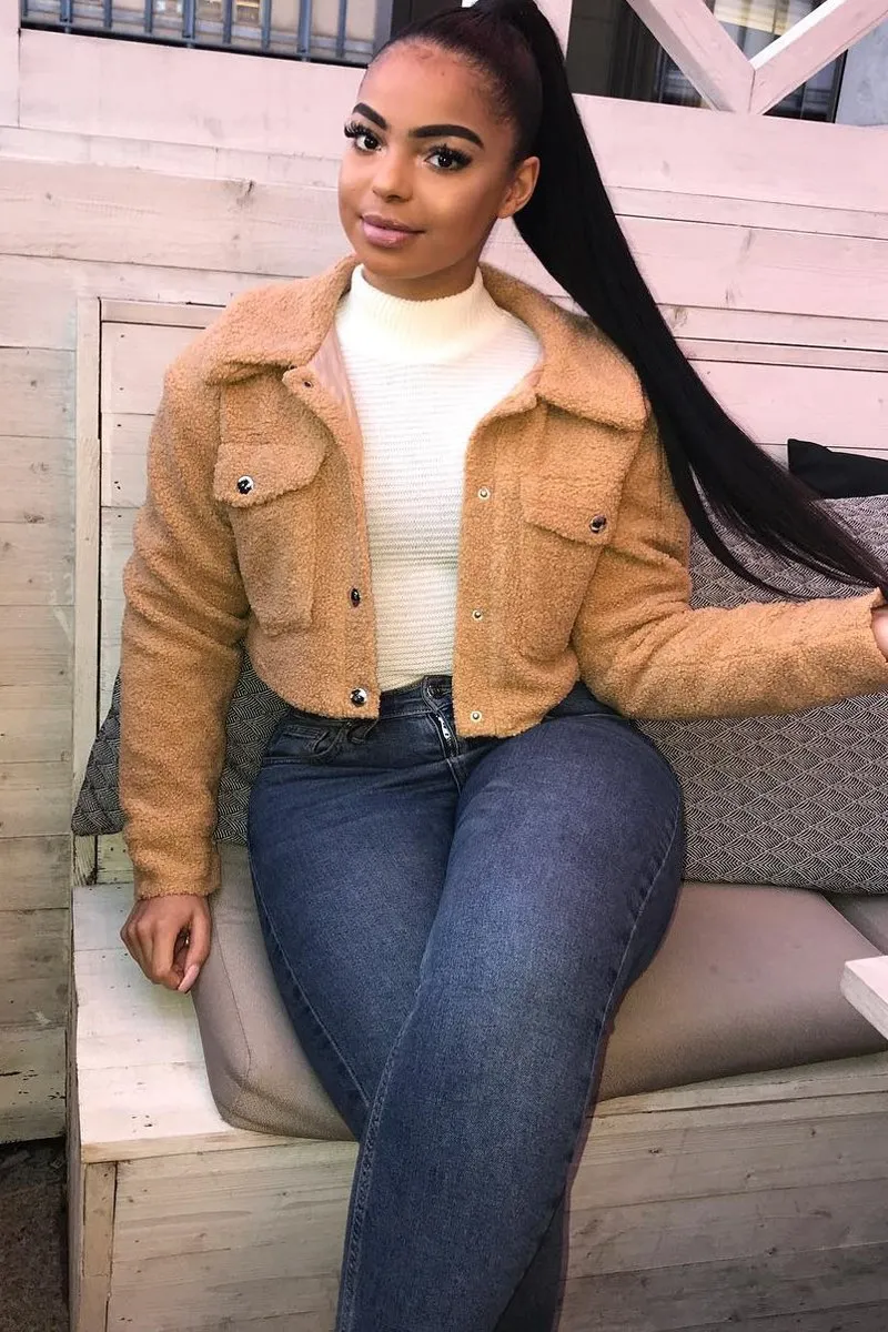 Tan Cropped Borg Trucker Jacket - Aarohi