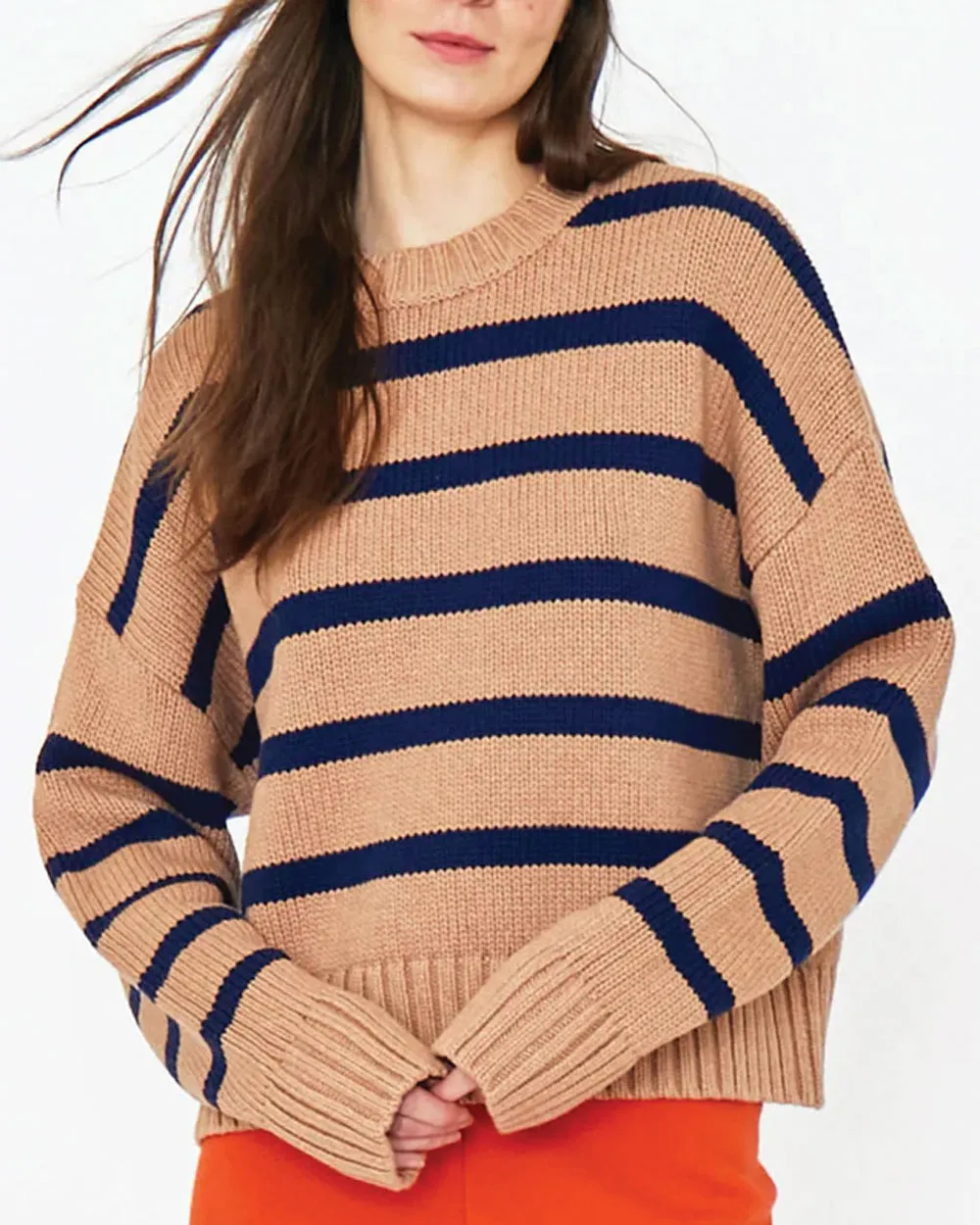The Liv Long Sleeve Sweater in Navy and Toffee Stripe