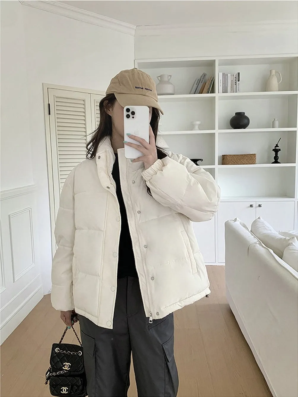 Thickened Cropped Puffer Jacket Water-resistant and Windproof Design