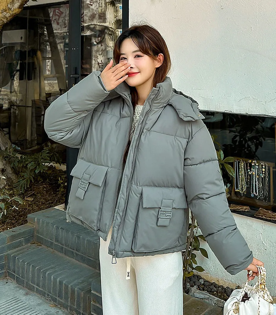 Thickened Cropped Puffer Jacket with Relaxed-Fit for Women