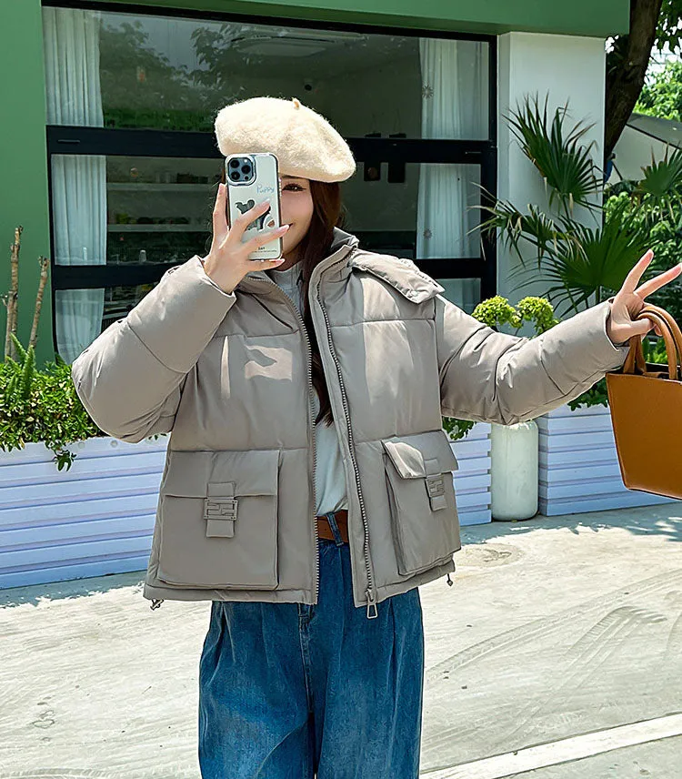 Thickened Cropped Puffer Jacket with Relaxed-Fit for Women