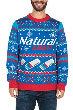 Tipsy Elves Men's Natural Light Ugly Christmas Sweater - Natty Light Xmas Sweater: Large Blue