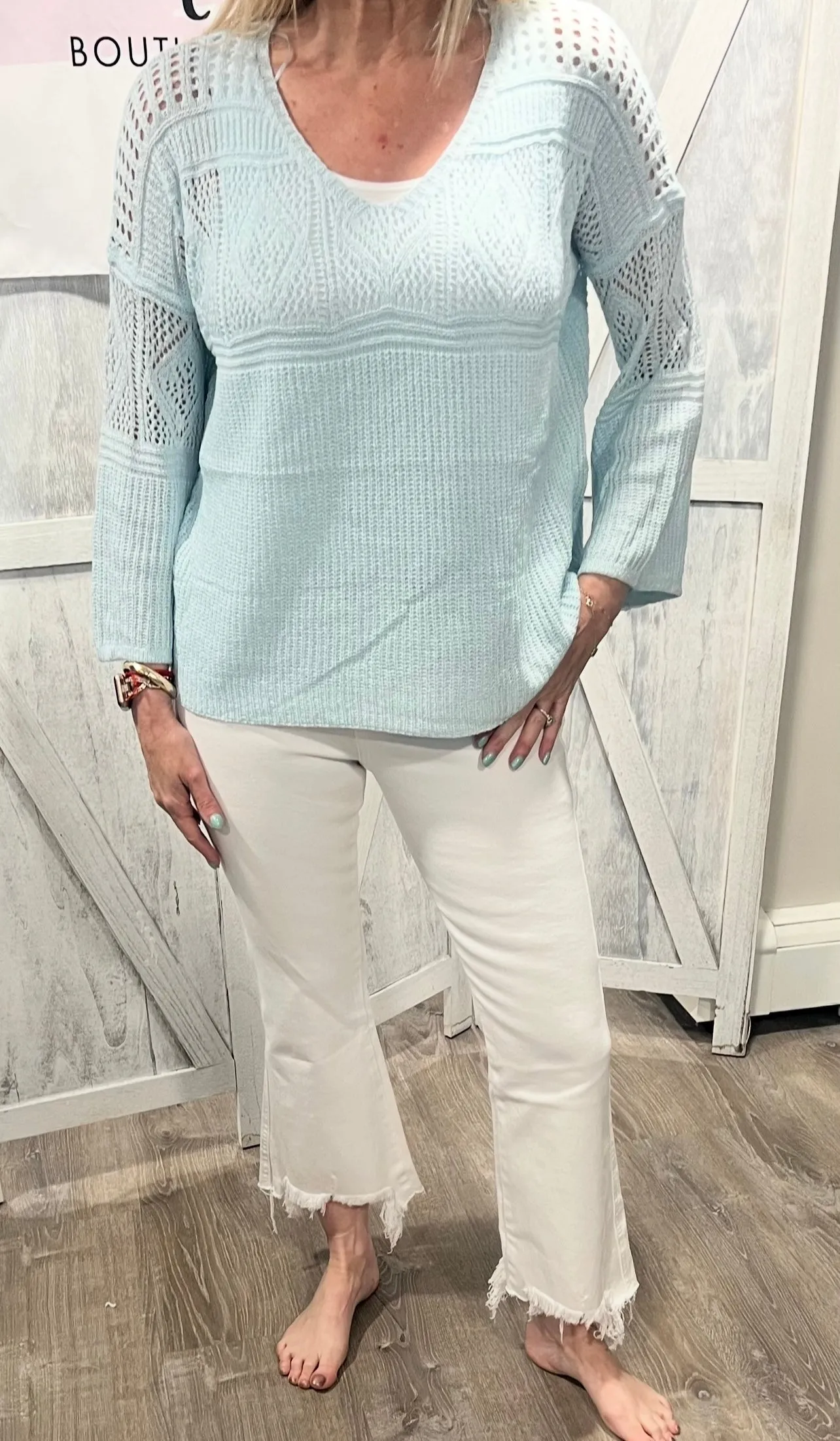 V Neck Open Crochet Knit Sweater- Available in 2 Colors!
