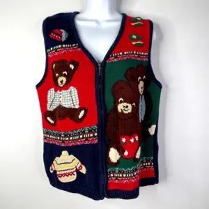 Vintage 90s Capacity Red Blue Patchwork Teddy Bear Zip Front Sweater Ves…
