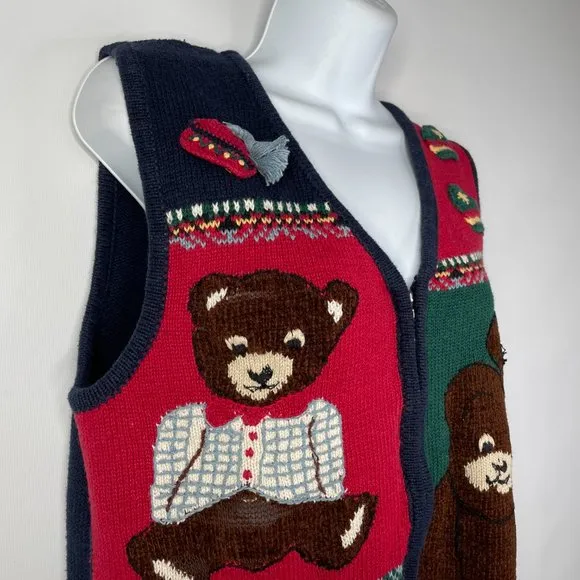 Vintage 90s Capacity Red Blue Patchwork Teddy Bear Zip Front Sweater Ves…