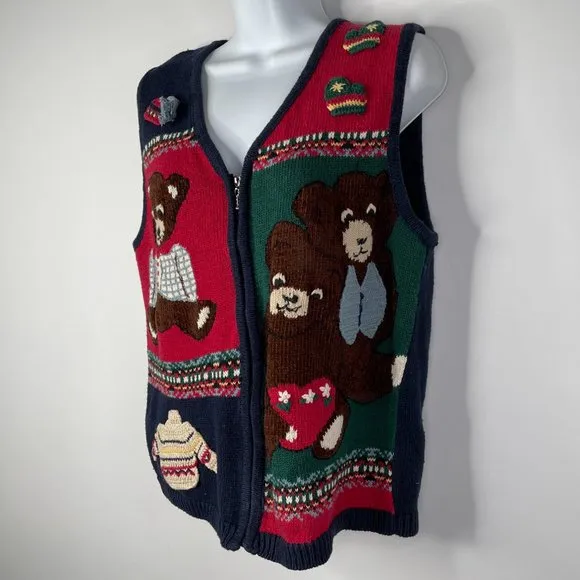 Vintage 90s Capacity Red Blue Patchwork Teddy Bear Zip Front Sweater Ves…