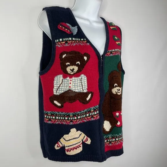 Vintage 90s Capacity Red Blue Patchwork Teddy Bear Zip Front Sweater Ves…