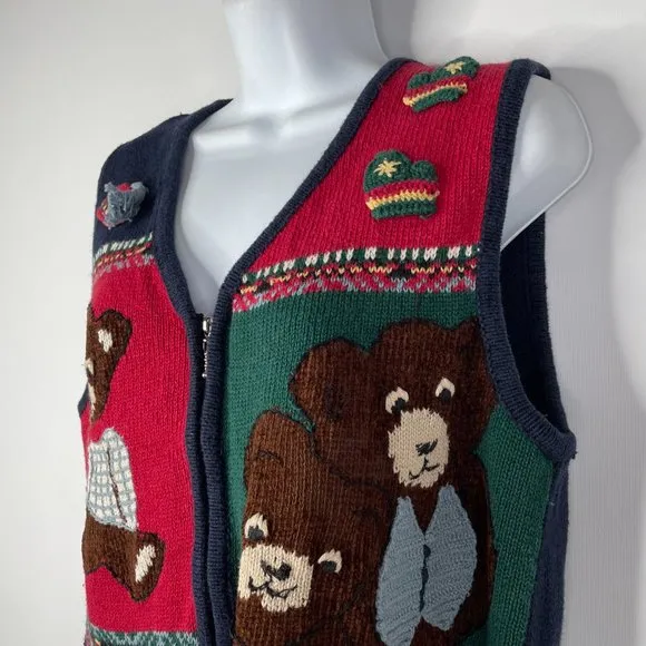 Vintage 90s Capacity Red Blue Patchwork Teddy Bear Zip Front Sweater Ves…