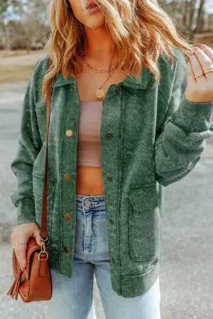 Vintage Washed Flap Pocket Button Green Shacket